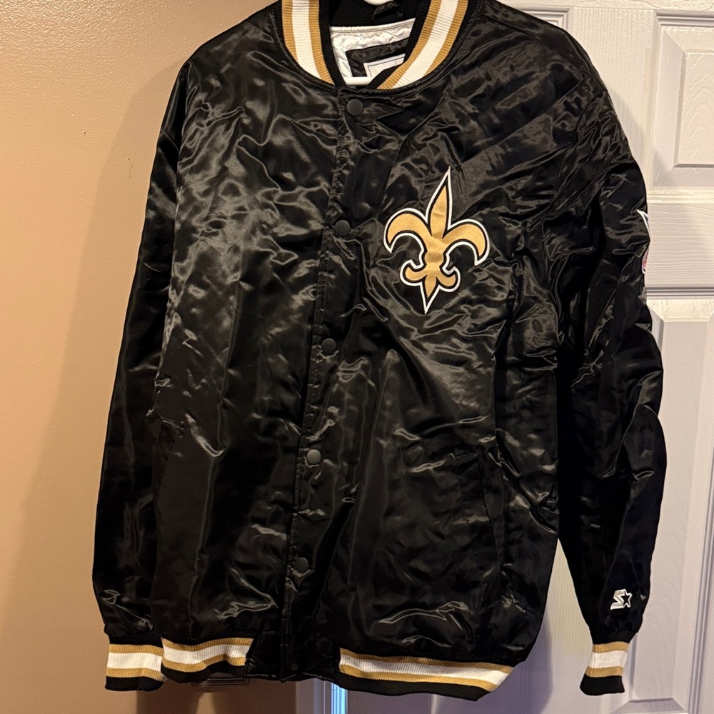 New Orleans Saints Satin Bomber Jacket - Black/Goldioui